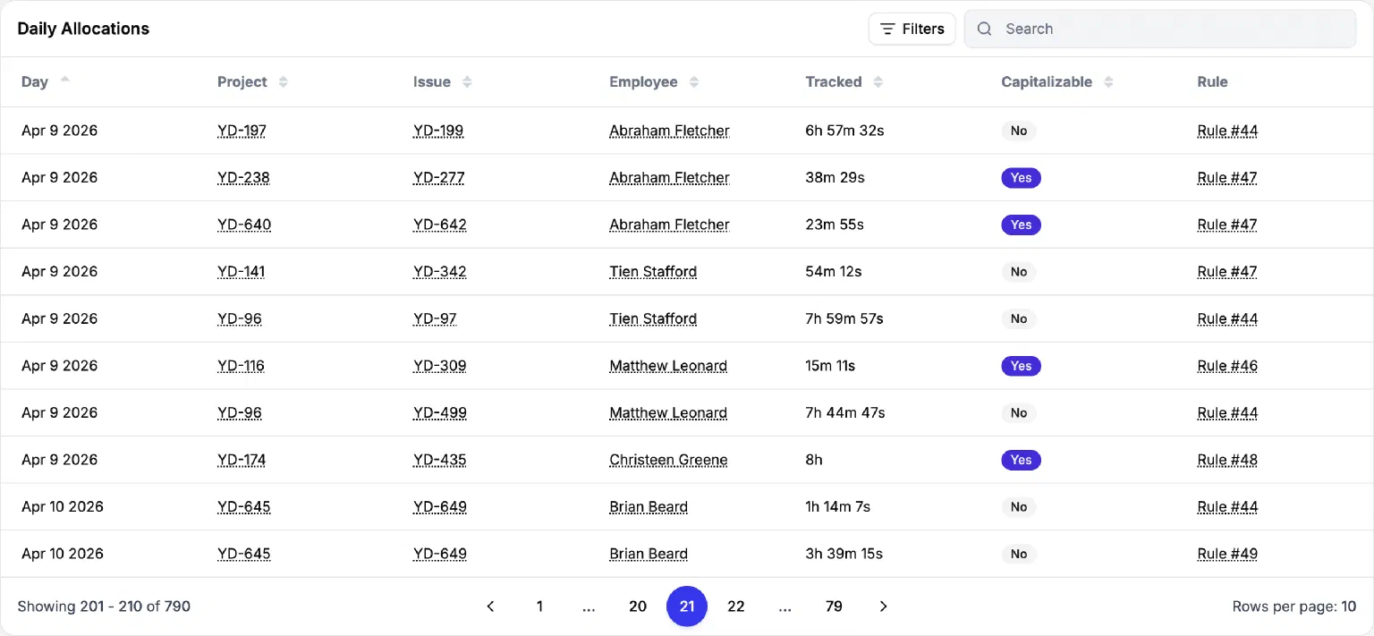 Work Allocation screen listing working intervals, each row showing the issue, time interval, capitalizable flag, and the matched rule